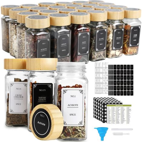 Pots à Épices – Set de 24 Bocaux à Épices en Verre avec Couvercle Bambou, 648 Étiquettes, Pot à Épices avec Double Ouverture, Idéal pour Rangement Épices et Cuisine (1/5)