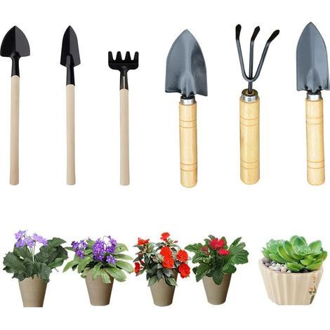 Ensemble de 6 mini-outils de jardin avec manche en bois, mini (1/5)
