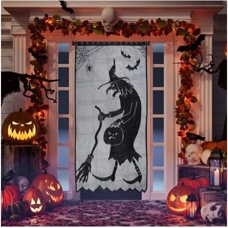 Décoration de porte pour Halloween, rideaux d'Halloween, rideau de sorcière en dentelle noire pour une décoration d'Halloween effrayante, décoration d'horreur, fenêtre, porte d'entrée, décorati (1/5)