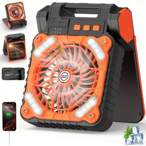 Portable, rechargeable, solar-powered camping fan with 4 fan speeds.High quality enhances quality of life. (1/5)