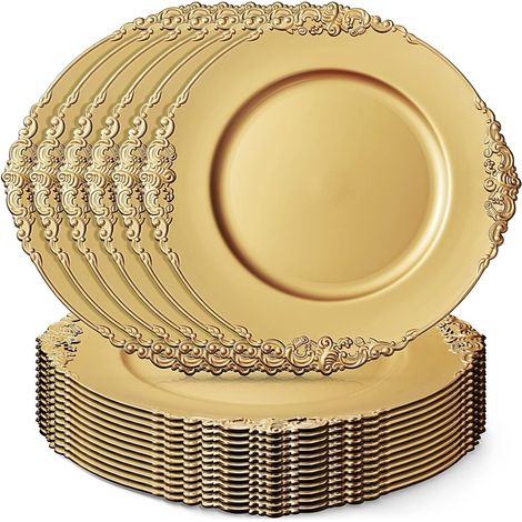 12 Pièces Assiettes de Présentation en Or Réutilisables avec Bord en Relief, 33cm Assiettes de Présentation en Plastique Grandes Assiette de Service Rondes pour Noël Mariage Tableau Décoration (1/5)