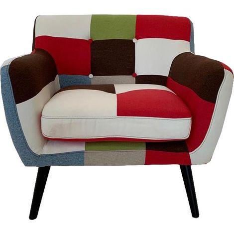 Poltrona in tessuto patchwork 84 cm con gambe in legno massello seduta imbottita
