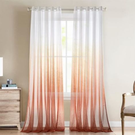 2 Panneaux Rideaux Voilages, Effet Lin Semi-Transparent à Oeillets, Couleur Dégradée Blanc-Brun, 135x259 cm, Salon Chambre Cuisine