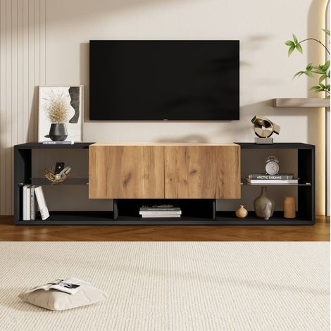 Mueble TV 160x40x42 cm con iluminación LED, 2 cajones, tablero de partículas, negro y natural (1/5)