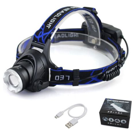 Lampe frontale LED rechargeable 1200LM, lampe frontale étanche IP64, zoomable, 3 modes avec câble USB, 2 batteries 18650 avec voyant lumineux pour camping, pêche, cyclisme, randonnée, 5 boucles (1/5)
