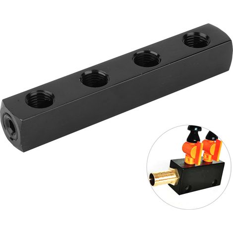 Collecteur répartiteur en ligne 4 voies en acier SUS304 pour durite air pneumatique filetage 1/4 pouce BSPP noir (1/5)