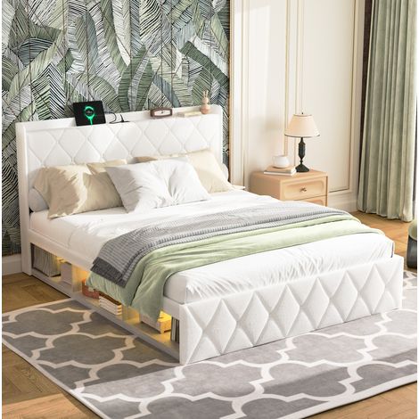 Letto matrimoniale adulto 140x200 cm bianco con USB e LED, tessuto peluche, senza materasso (1/5)