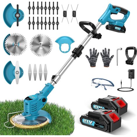 Débroussailleuse Électrique sans Fil 4-en-1 Coupe Bordure avec 2 Batteries 4.0 Ah, Tête Pivotante 90°, Poignée Réglable, 4 Types Lames Efficace pour Jardin Pelouse et Désherbage Facile