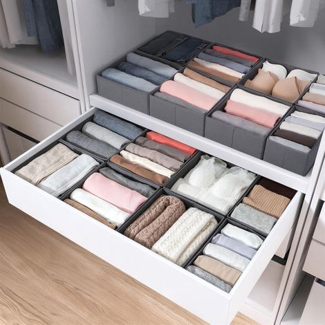 16 Piece Drawer Organizer - Compatible 100×58cm, Foldable Fabric Storage Boxes, Dividers for Underwear, Socks and Clothes – Grey (1/5)