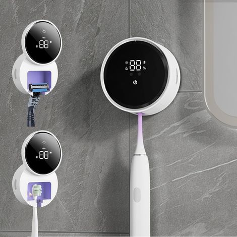 Soporte de pared para cepillos de dientes con función de secado, esterilizado, no requiere perforación y tiene un compartimento para un cepillo de dientes. (1/5)