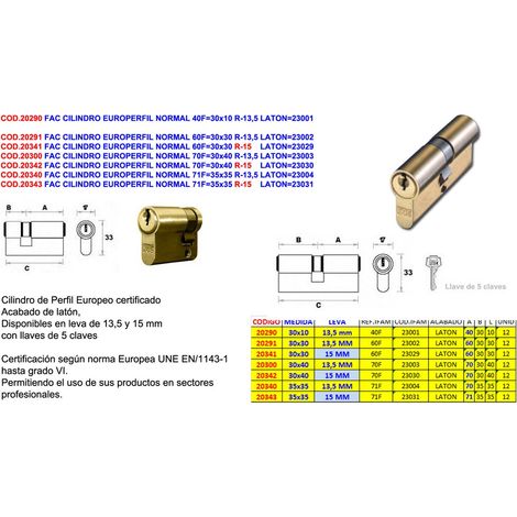 Cylindre de serrure européen 60F30x30 R-13.5 en laiton – Haute sécurité – Installation facile – Pour portes à profil européen – Mibricotienda