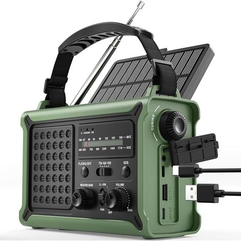 Radio de Crane d'urgence 12000mAh avec panneau solaire 8500mm2 & Dynamo 650mA, radio AM/FM portable avec torche LED, lumière de lecture, USB, alarme SOS – Camping, panne d'électricité, survie (1/5)