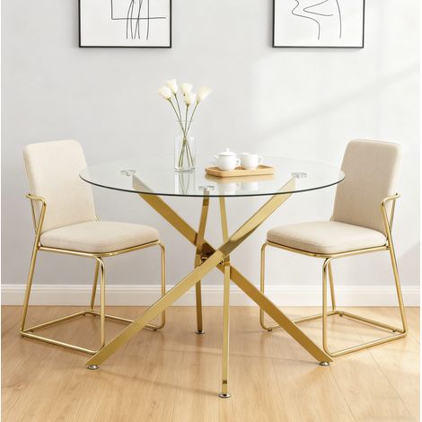 Mesa redonda 80x80x76 cm de vidrio templado dorado, ahorra espacio para comedor -FLORAGRACE (1/5)