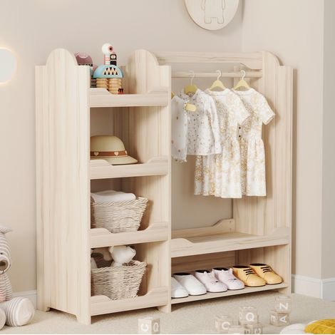 Garde-robe enfant 110x39x110 cm naturel en MDF et bois de pin avec tringle, 4 étagères et assise (1/5)