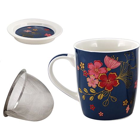 Mug bleu feuilles de Ginkgo avec infuseur pour le thé