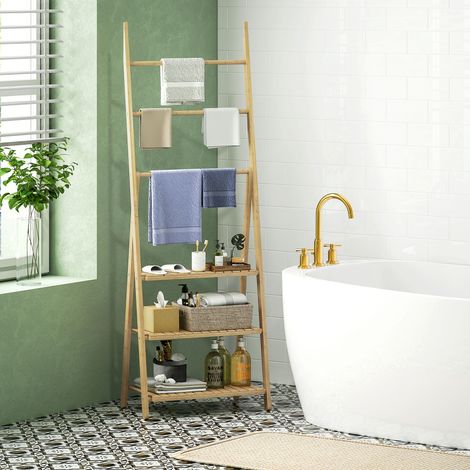Rangement Étagère salle de bain en bambou pliable 3 niveaux à échelle porte-serviettes 53,5x30x153cm effet bois - naturel
