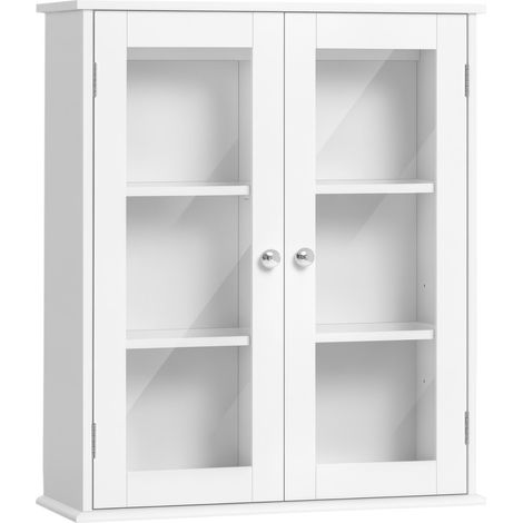 Armoire murale de salle de bain avec 2 portes vitrées, meuble suspendu multifonctionnel pour cuisine et salon avec étagères intérieures et étagère réglable, 55 x 20 x 65 cm, blanc (1/5)
