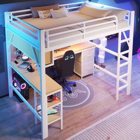 Lit mezzanine 140x200 cm avec sommier inclus, bureau, étagères, armoire, LED et USB, structure métal blanc, lit haut gain de place (1/5)