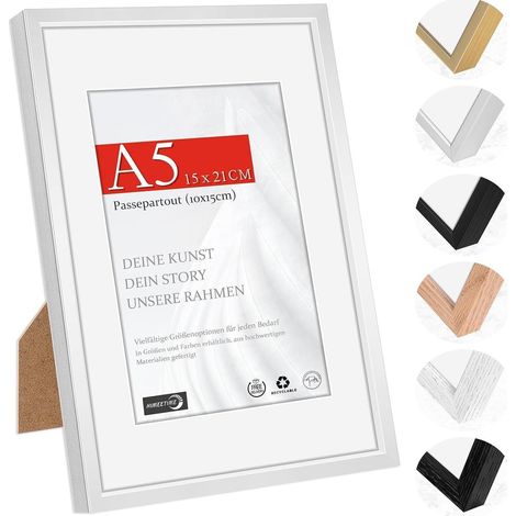 Bilderrahmen A5 (14,8x21cm) Aluminium Silber mit Passepartout (10x15cm) bruchsicherem Kunstglas Wand/Tisch (1/5)