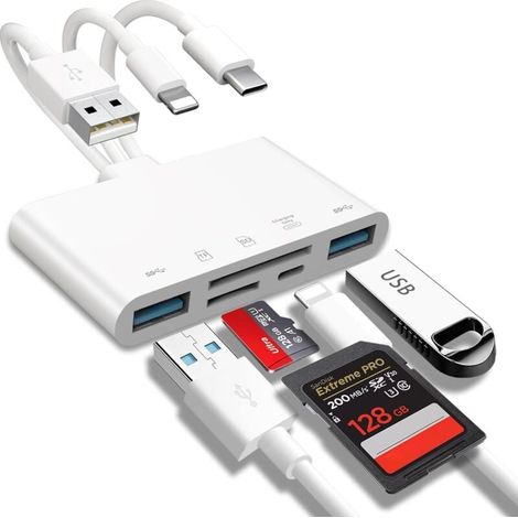 Lettore di schede di memoria 5 in 1, adattatore USB OTG e lettore di schede SD per iPhone/iPad, dispositivi USB C e USB A con slot per schede Micro SD e SD, supporta SD/Micro SD/SDHC/SDX