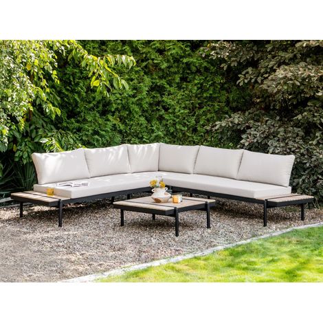 Conjunto de jardín con sofá esquinero 5 plazas mesa de centro de madera de eucalipto cojines blanco crema Bellariva (1/5)