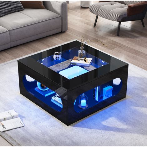 Couchtisch quadratisch aus MDF in Schwarz mit Tischplatte aus gehärtetem Glas 70 x 70 cm und LED (1/5)