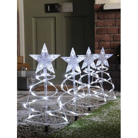 Festive Outdoor Set of 4 Spiral Pathfinder Christmas Trees Lights White
