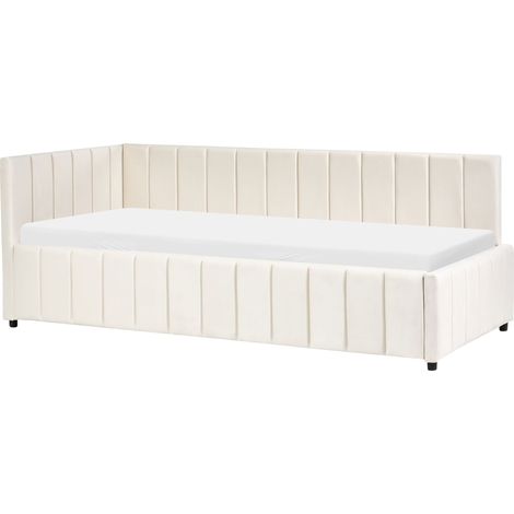 EU Single Size Bed Off White Velvet Upholstery 3ft Quilted Elegant Slatted Base Wooden Legs LISIEUX