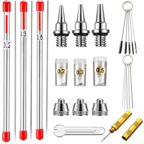 Bouchon de buse, aiguille et buse pour aérographe, 0,2 mm, 0,3 mm, 0,5 mm, Pièces de rechange pour aérographe,avec kit de nettoyage