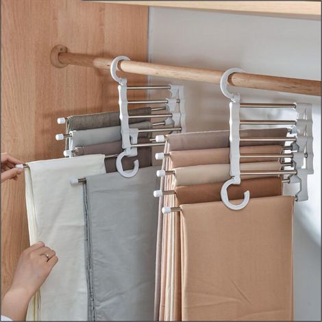 Porte-pantalons rétractable en acier inoxydable, pliable et multifonctionnel, rangement élégant blanc pour maison (1/5)