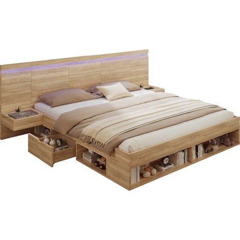 CHICFURN Cama doble 180x200 cm con almacenaje, dos mesitas integradas, cajones, cabecero con LED, carga USB y USB-C, estructura en MDF, ideal para dormitorio moderno (1/5)