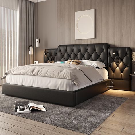 Cadre de lit avec tête de lit haute, revêtement en velours élégant, plusieurs ports USB, lampe de bureau, système hydraulique, très grand espace de rangement sous le lit, 160 x 200 cm, noir