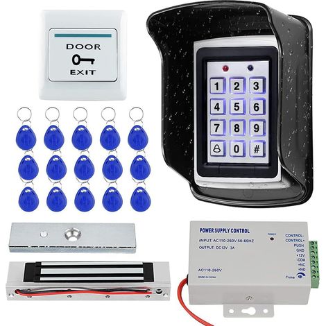 Système de Contrôle d'Accès de Porte RFID Étanche Extérieur Clavier en Métal + Serrure Magnétique 180KG + Couvercle Étanche à la Pluie + Bouton de Sortie + 15pcs Porte-clés pour la Maison/Bureau (1/5)