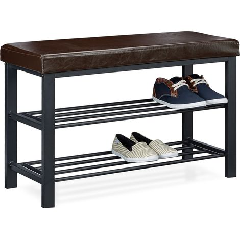Relaxdays Shoe Bench, 49 x 81 x 32 cm Open Shoe Shelves, Padded Seat w/ Faux Leather Cover, for 6-8 Pairs, Backless, Brown (1/5)