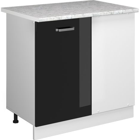 Eckschrank für Haushaltsgegenstände R-Line, Schwarz Hochglanz, 86 cm mit Tür, mit Arbeitsplatte, Vicco