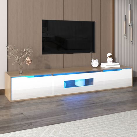 Mueble TV 180x35x30 cm blanco en tablero de partículas con acabado brillo, puertas acanaladas y LED multicolor (1/5)
