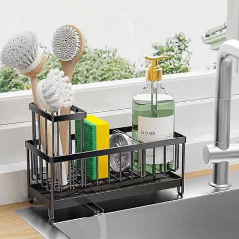 Porte-éponge pour évier de cuisine, organiseur d'évier avec porte-brosse haut, organiseur de comptoir et rangement de base, en acier (1/4)