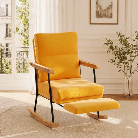 Fauteuil à bascule avec repose-pieds, 97.5x64.5x94 cm, tissu lin coton structure bois massif et métal, Supporte jusqu'à 120 kg, Jaune (1/5)