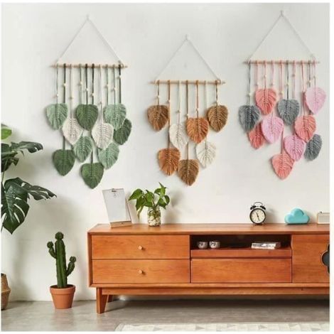 Tenture Murale - Macramé Feuille Tissée - Décoration Boho pour Chambre Salon Mariage Intérieur - Rose - 1 Pièce (1/3)