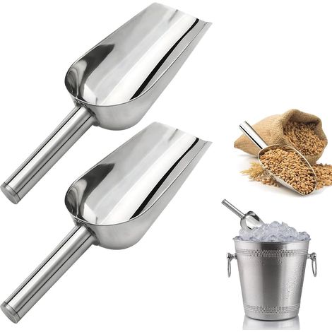 Lot de 2 pelles à glace, à farine, 20 cm, en acier inoxydable, petite pelle à nourriture, pelle à glaçons, nourriture pour animaux en fonte d'aluminium, ne rouille pas, pour cuisine, bar, buffet, fête (1/5)