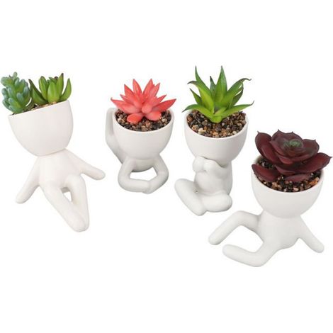 Plante Succulente Artificielle - Pot Céramique Motif Humain - Décoration Intérieure Bureau Salon Salle De Bain - Lot De 4 (1/4)