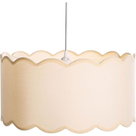Lampada a sospensione con base in metallo e paralume in tessuto a tamburo bianco e beige Gairezi (1/5)