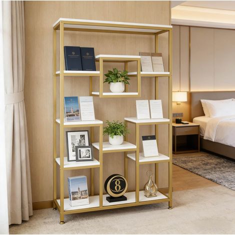 Librería de 11 estantes con compartimentos abiertos y cubo central, oro y blanco (1/5)