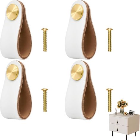 Lot de 4 Poignée Meuble Cuir, Poignée Meuble, Boutons de Tirage pour Armoires, Commodes et Cuisine - Installation Facile, Matériaux Durables et Design Élégant (1/5)