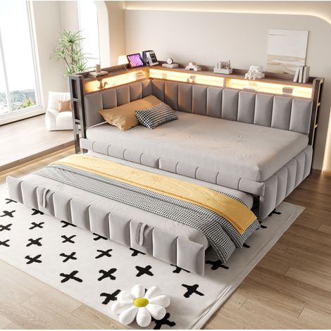 Bett Schlafsofa ausziehbar 90x200 Stoff Grau OKMYHOME (1/5)