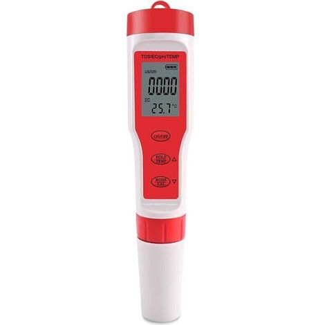 Testeur de pH/TDS/EC/température portable 4 en 1 avec compensation de température et arrêt automatique pour piscines, eau potable et aquariums.