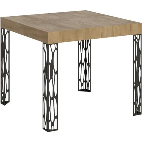 Petite table carrée 90/90 cm extensible 10 personnes 90 à 246 cm bois clair et pieds métal gris foncé Gisa (1/5)