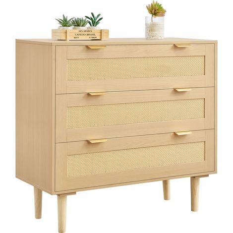 Commode en rotin à 3 tiroirs, meuble de rangement avec poignées en métal et pieds en bois, organisateur de vêtements et rangement bohème en bois, armoire pour chambre à coucher, salon ou couloir (1/5)