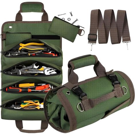 Tool Roll Up Bag, Heavy Duty Tool Organizer For Men Women, Portable Roll Up Tool Bag With 2 Detachable Pouch, Green Tool Storage Kit, Gifts For Dad (1/5)