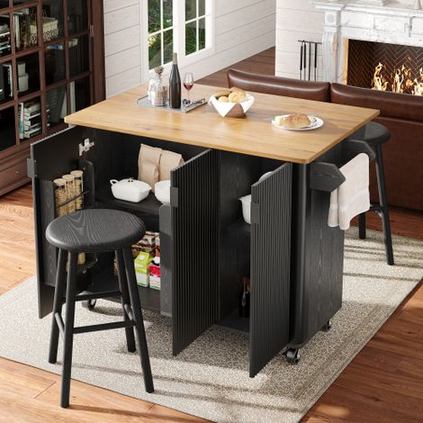 Desserte de cuisine sur roulettes 130x45x92 cm avec plateau rabattable, porte-serviettes et étagère à épices, en MDF, noir
